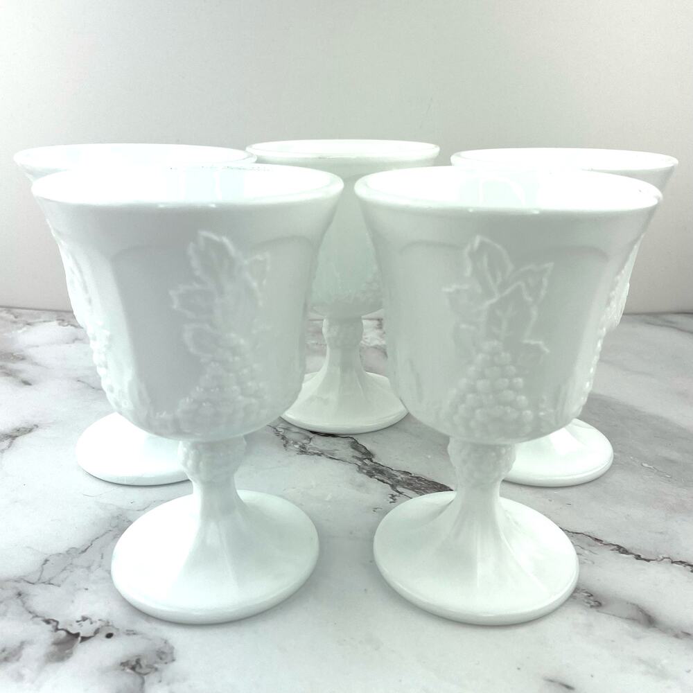 Indiana Glass Colony Harvest Milk Glass Footed Water/Wine Goblets Glasses 5 pcs